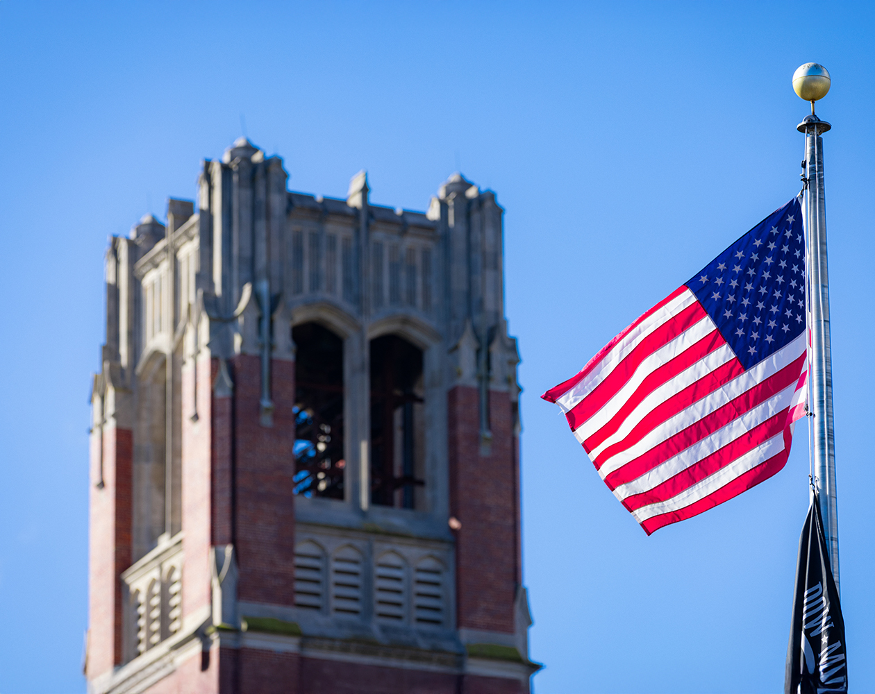 photo of century tower with US flag